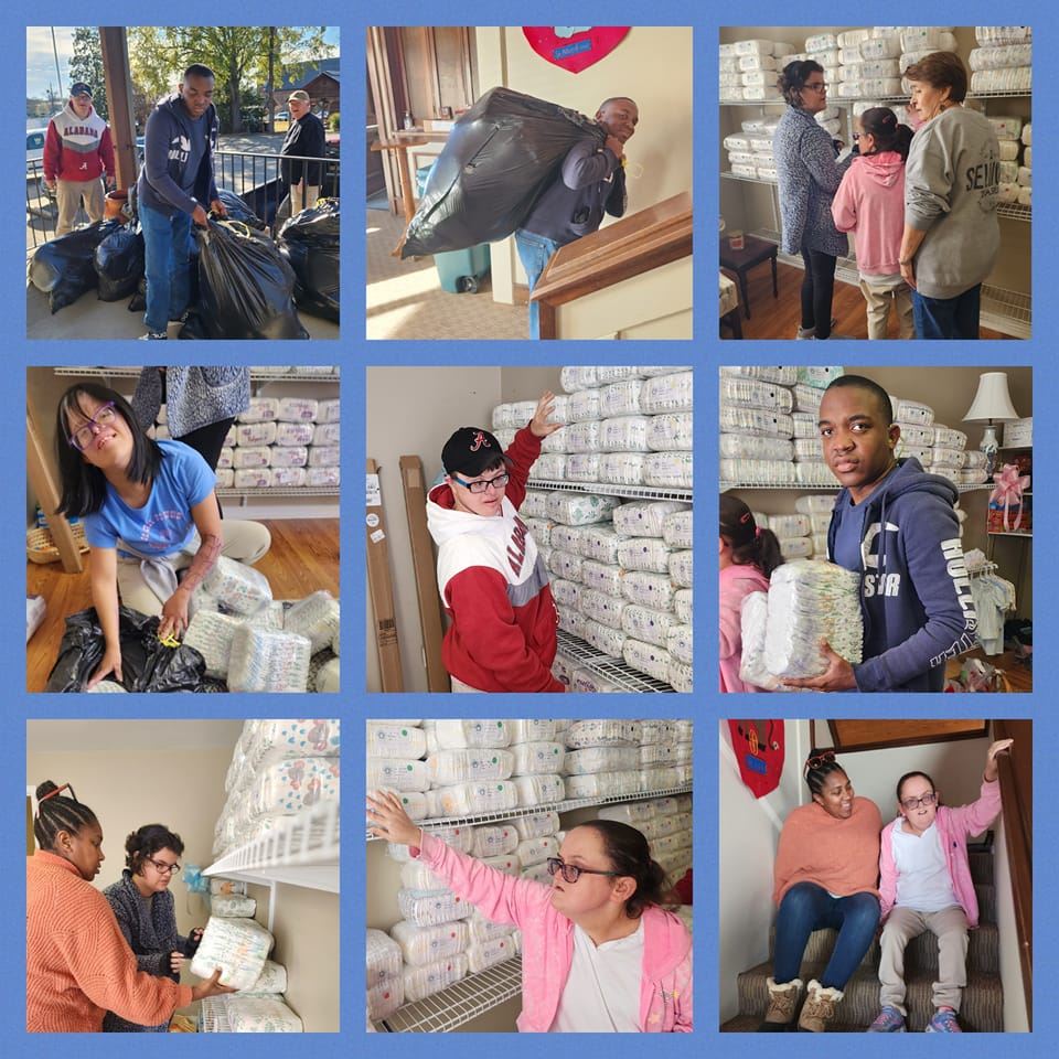   A collage of images showing students volunteering at Diaper Row. 